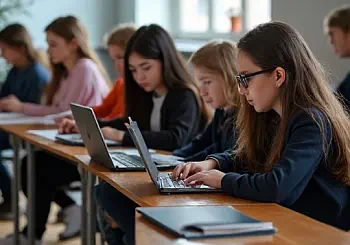 Schülerinnen arbeiten am Laptop