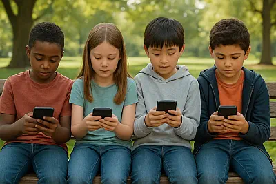 Vier Kinder mit Smartphones